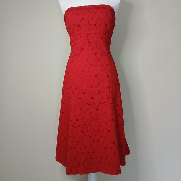 Donna Morgan Strapless Eyelet Fit and Flare Cotton Midi Dress Red Size 10 - Picture 1 of 9